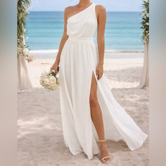 Aura Dresses & Skirts - NEW Aura White One Shoulder Maxi Dress Bridal Graduation Vacation Resort Slit S